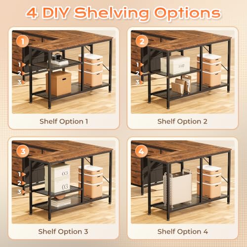 47 Inch L Shaped Desk with Power Outlets, 5 Fabric Drawers