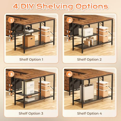 47 Inch L Shaped Desk with Power Outlets, 5 Fabric Drawers