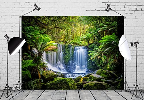 BELECO 17x10ft Fabric Jungel Forest Waterfall Photography Backdrop Tropical Rainforest Cascade Green Trees Landscape Background Walking Travel Outdoor Camping Activity Photo Shoot Studio Props - size: 17x10FT