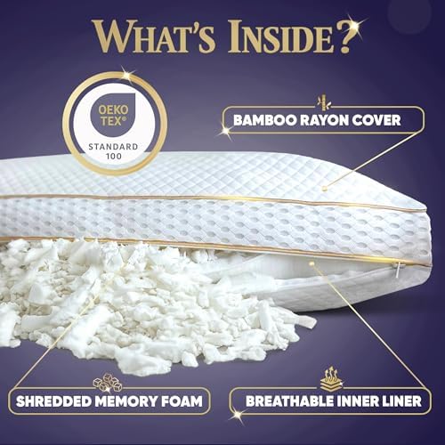 Royal Therapy Queen Memory Foam Pillow, Adjustable Shredded Odor-Free Cut-Out Bed Pillow for Neck & Shoulder Pain Relief, Breathable Support for Back, Stomach, Side Sleepers, BioForm
