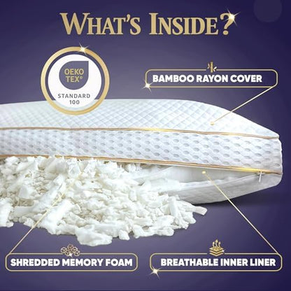 Royal Therapy Queen Memory Foam Pillow, Adjustable Shredded Odor-Free Cut-Out Bed Pillow for Neck & Shoulder Pain Relief, Breathable Support for Back, Stomach, Side Sleepers, BioForm