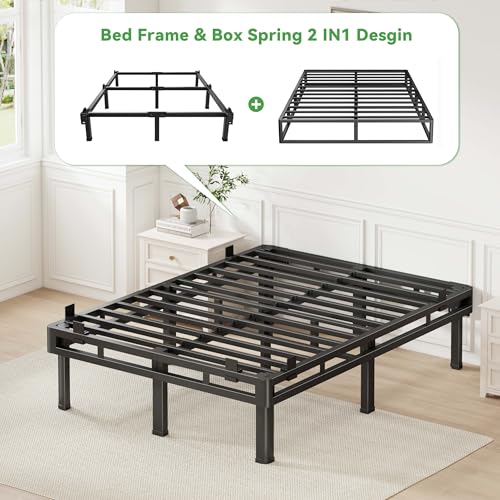 King Bed Frame, 16 inch Metal Bed Frame & Box Spring 2 in 1 Design