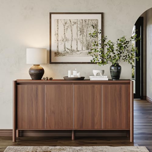 59" Walnut Sideboard Buffet Cabinet with Solid Wood Legs