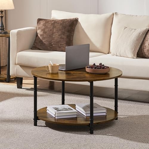 Round Coffee Table with Storage Shelf, 2-Tier 31.5" Rustic Brown