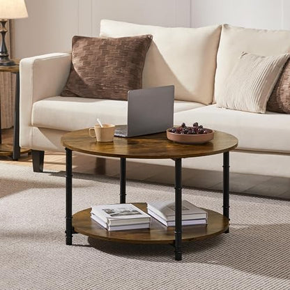 Round Coffee Table with Storage Shelf, 2-Tier 31.5" Rustic Brown