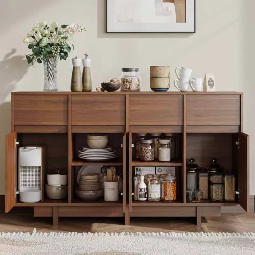 55in Walnut Buffet Cabinet, Mid Century Wood Sideboard Storage