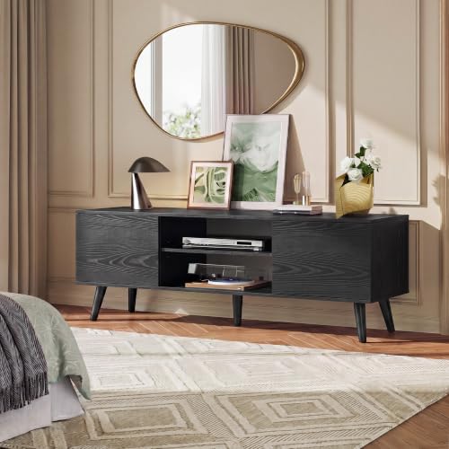 TV Stand for 55 60 Inch TV, Mid Century Modern, Black