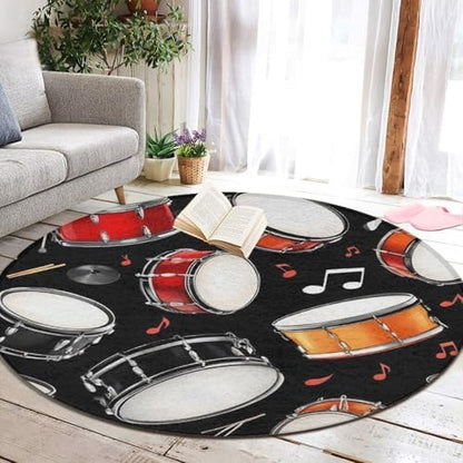 Fashion Round Area Rug Large Non Slip Carpet Unisex Home Decor Mat Black Drum Kit