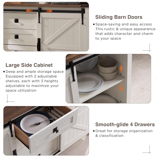60" Wide Farmhouse Sideboard Buffet Cabinet, Antique White