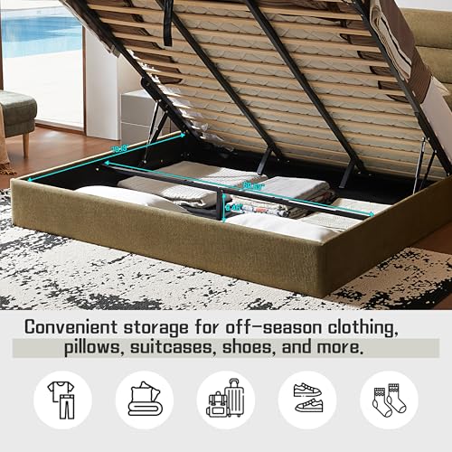 King Size Lift Up Storage Bed, Linen Upholstered Platform Bed, Green