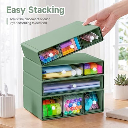 Desk Organizer with 9 Drawers, 4 Tiers Stackable Storage Drawers, Desktop Storage Box with Clear Drawers for Stationery, Makeup, Jewelry, Office and Craft Supplies (Green)