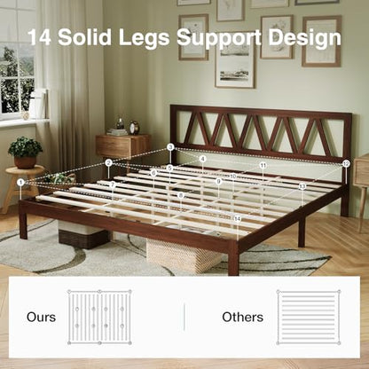 12inch King Bed Frame Wooden King Bed Frame and Headboard, Solid Wood King Size Bed Frame with Headboard, No Box Spring Needed, Easy Assembly, Walnut