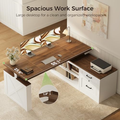 55 Inch Farmhouse L Shaped Electric Standing Desk, Walnut+White