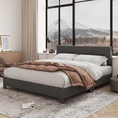 Full Size Upholstered Bed Frame Adjustable Headboard, Dark Grey