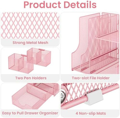 Lavatino Desk Organizer – 4-in-1 Pink Mesh Office Supplies Organizer with Pen Holder, File Holder, Desktop Tray, and Drawer for Home, Office, Classroom