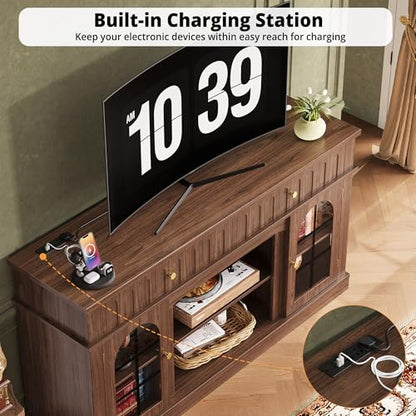 TV Stand for 65 Inch TV with Charging Station, Walnut Brown
