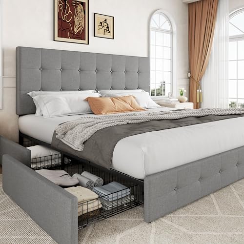King Size Storage Bed Frame with 4 Underbed Drawers, Upholstered Platform Bed with Adjustable Headboard, Square Button Tufted, Easy Assembly, Noise-Free, No Box Spring Needed, Light Grey