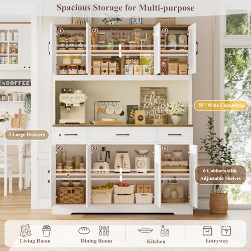 71" Tall Kitchen Pantry Storage Cabinet, 55" W Kitchen Hutch, White