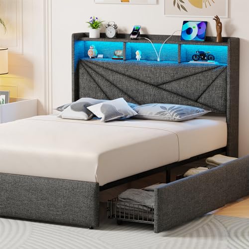 King Size Bed Frame with 4 Storage Drawers and LED Headboard