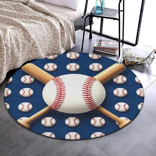 Men's Large Home Decor Mat, Soft Round Yoga Carpet, Non Slip Machine Washable Home Office Circle Rug Baseball