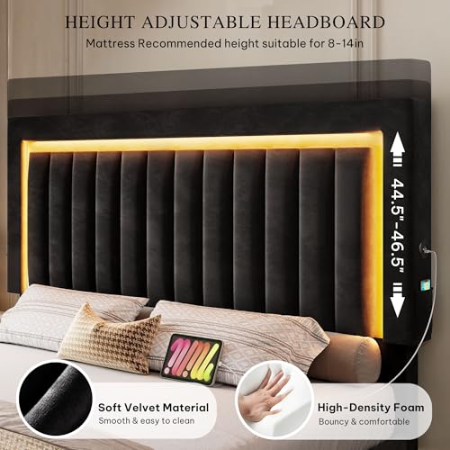 Queen Size Bed Frame with Adjustable Headboard, Black
