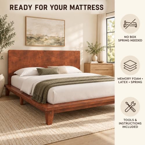 Queen Size Japanese Wooden Bed Frame with Brown Headboard