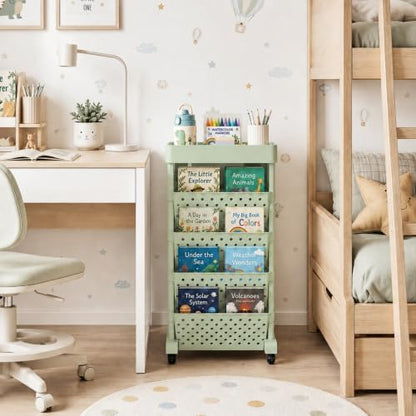 5-Tier Rolling Bookshelf Cart with Wheels, Green