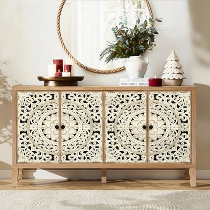 59" Solid Wood Buffet Cabinet, Accent Cabinet with 4 Carved Doors