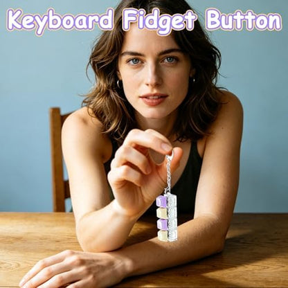 2 PCS Keyboard Fidget Toy, Double Layer Keycap Keyboard Fidget Keychain 4-in-1 Keyboard Decompression Button Finger Clicker Toys, Portable Tactile Button Sensory Toys Stress Relief Gifts(PurpleYellow
