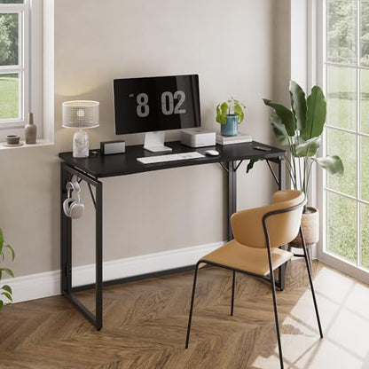 31.5" Black Folding Desk, No Assembly, Wooden Top, Small Size