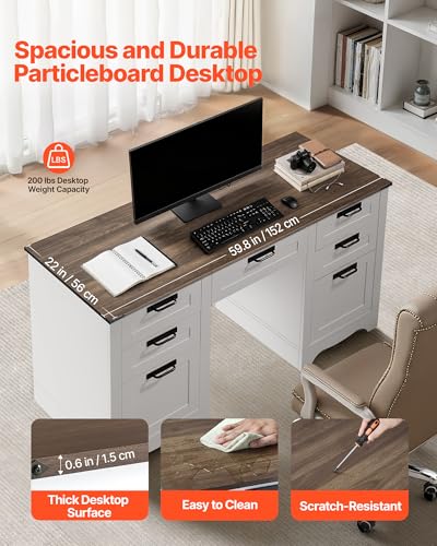 60" Executive Desk with Drawers, Farmhouse Home Office Desk with Charge Station, Keyboard Tray, File Storage Cabinet, 200 LBS Load Capacity Wood Table, Easy Assembly, for Work Study, Walnut