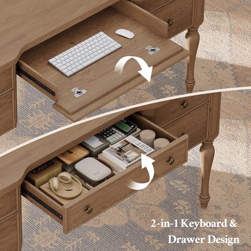 59in Wood Executive Desk with Solid Wood Legs & Keyboard Tray, Brown
