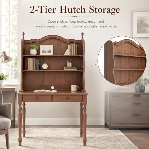 Mid-Century Desk with 2 Drawers, Hutch and Storage Shelves