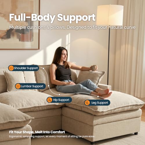 108'' U Shaped Cloud Couch, 3-Seater Sofa with 2 Ottoman, Oatmeal