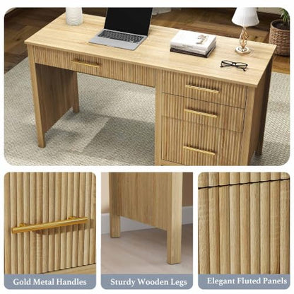 Fluted Executive Desk with Drawers: 54" Oak Home Office Desks