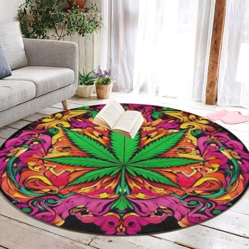 Room Sofa Yoga Soft Round Carpet, Home Decor Non Slip Kitchen Office Circle Rug, Machine Washable Modern Round Area Rug Trippy Green Weed Leaf Art, 24inch