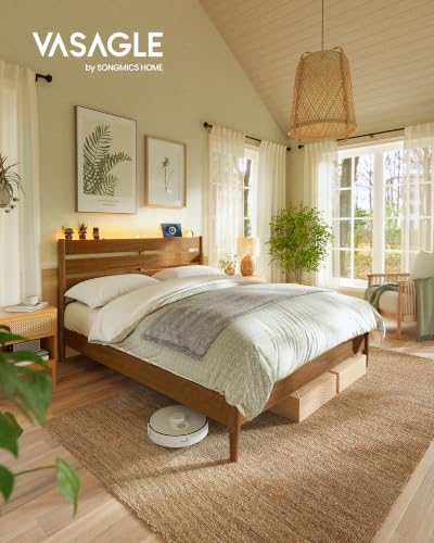 Queen Bed Frame, Wood Platform Bed with Headboard Storage Shelf