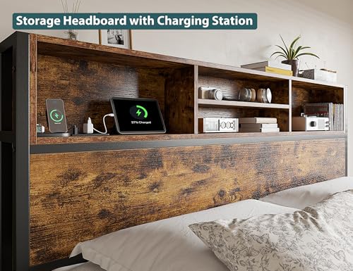 King Bed Frame with 6 Storage Drawers, Charge Station,Noise-Free