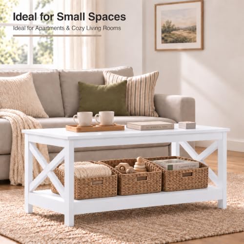 White Coffee Table for Living Room, X-Design Storage Shelf, 39.5"