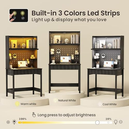31.5" LED Study Desk with Hutch,Outlets,Reading Lights