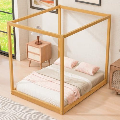 GDFStudio Queen Size Canopy Platform Bed with Support Legs, Solid Pine Wood and MDF Frame, Slat Support No Box Spring Needed, Modern Canopy Bed Frame, Natural