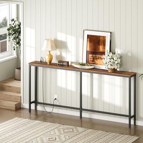 70.9" Console Table with Power Outlet, Narrow Sofa Table, Brown
