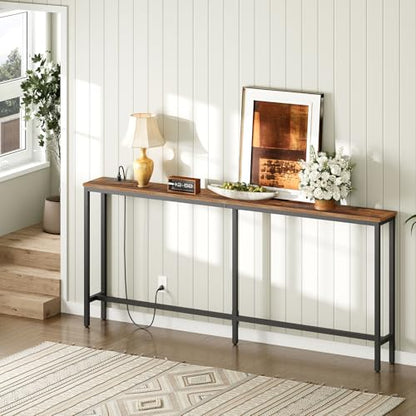 70.9" Console Table with Power Outlet, Narrow Sofa Table, Brown