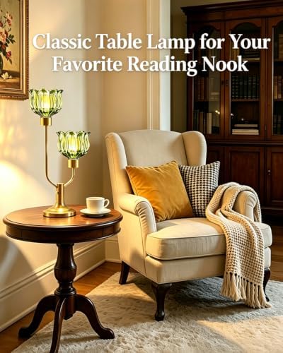 Flower Table Lamp for Bedroom Dimmable Vintage Green Glass Lamp