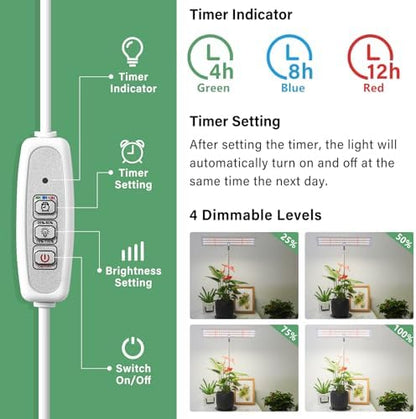LORDEM Grow Light for Indoor Plant, Full Spectrum LED Plant Light, Height Adjustable Growing Lamp with Auto On/Off Timer 4H/8H/12H, 4 Dimmable Brightness, Ideal for Home Desk Plant Lighting, 2 Pack