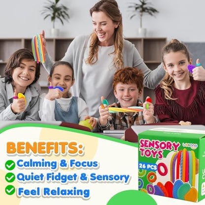 Fidget Sensory Toys for Kids: 26 Pack Quiet Squishy Fidgets for Classroom Students Prizes- Textured Soft Fidget Rings Stretchy Strings for Autism - Office Desk Toddler Travel Fidget Box,Easter Gifts