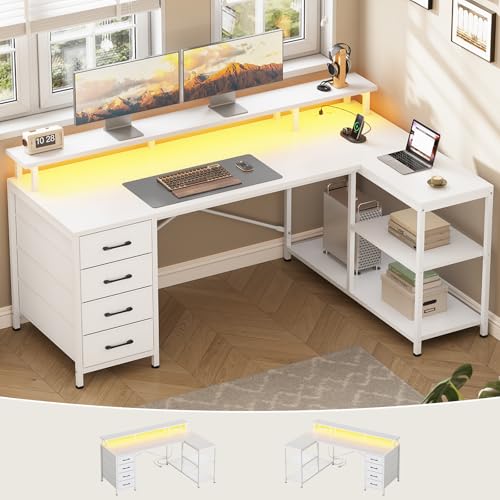 L Shaped Gaming Desk with 4 Drawers, Shelves, Power Outlets, White