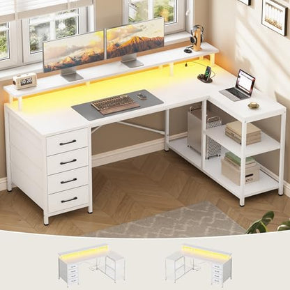 L Shaped Gaming Desk with 4 Drawers, Shelves, Power Outlets, White