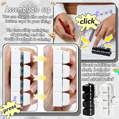 2 PCS White & Black Keyboard Fidget Toy, Keyboard Fidget Keychain 4-in-1 Keyboard Decompression Button Finger Clicker Toys, Button Stress Relief Fidget Gifts to Relief Stress (General)