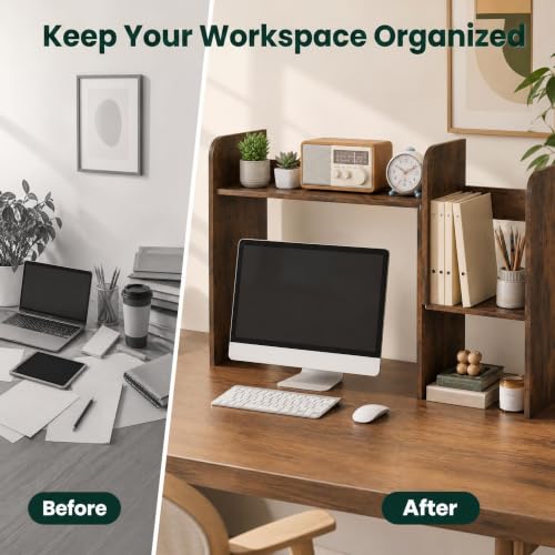 Extendable Desktop Bookshelf, Dorm Desk Hutch (Rustic Brown)